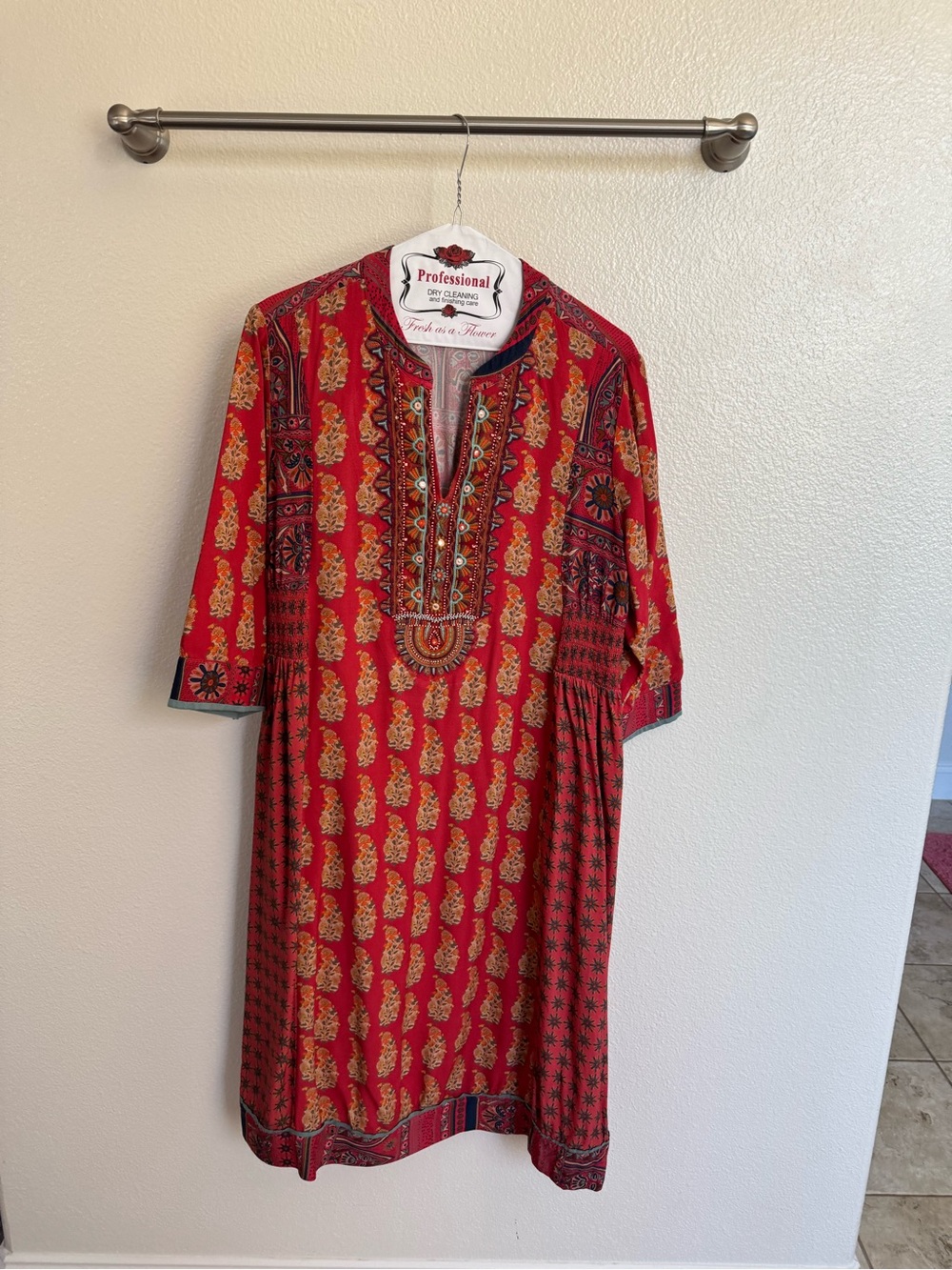 Soft Surroundings Red and Gold Printed Embroidered Midi Dress